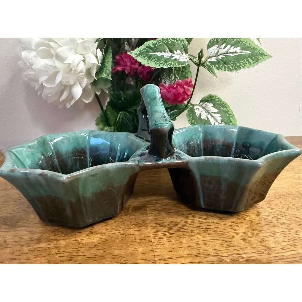 Blue‎ Mountain Pottery Double Bowl Divided Server Drip Glaze Mid Century Canada